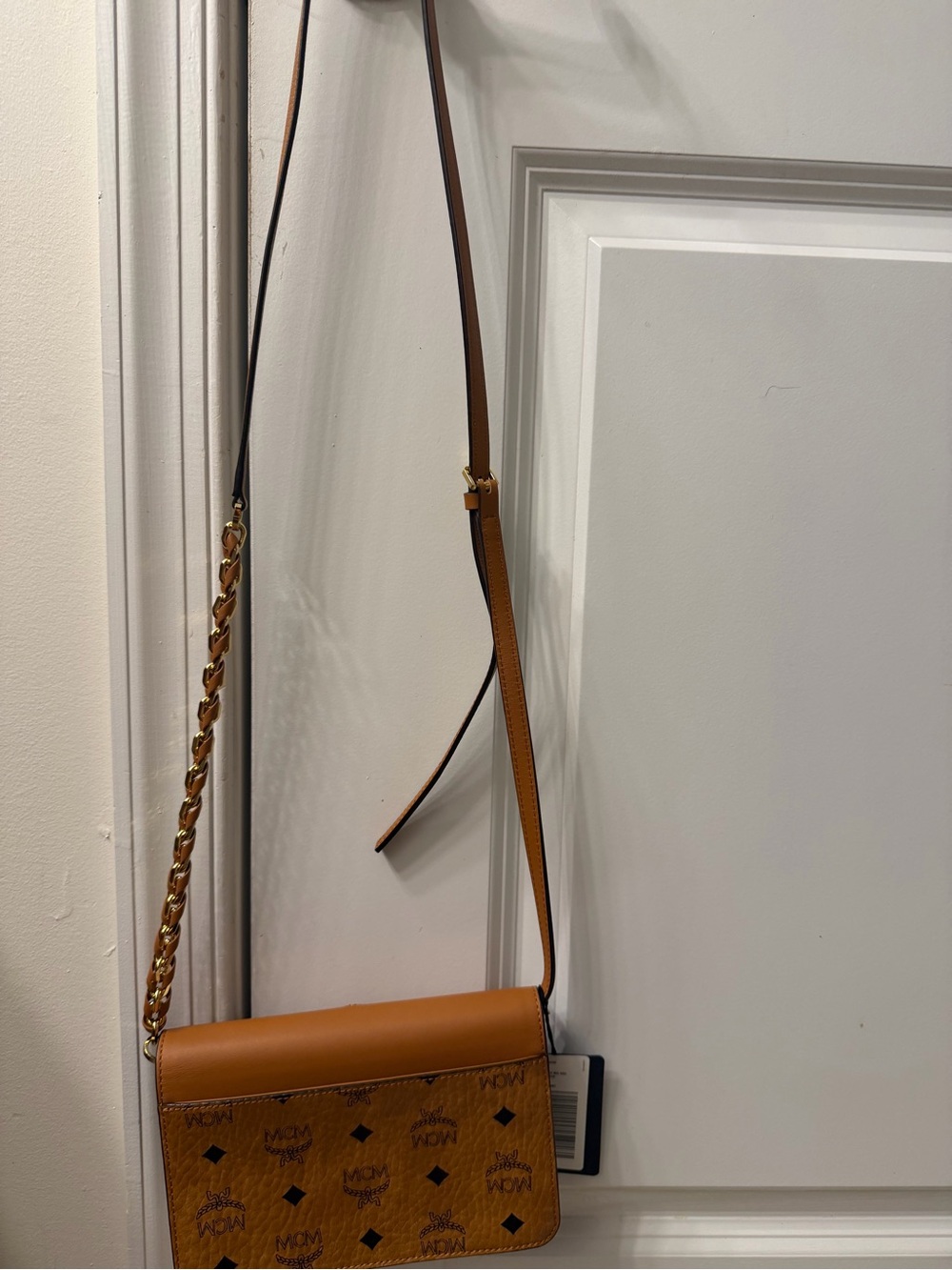 MCM Tan Visetos Crossbody Bag with Gold Chain Strap - Picture 10 of 12